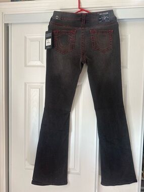 True Religion Black Flare Jeans with Red Contrast Stitching